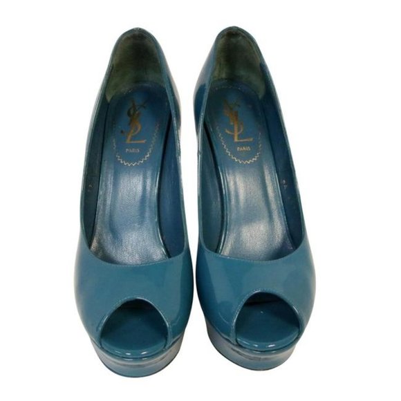 Yves Saint Laurent Palais Patent Leather Peep Toe Heels Teal Blue Size 36.5 - Picture 2 of 15